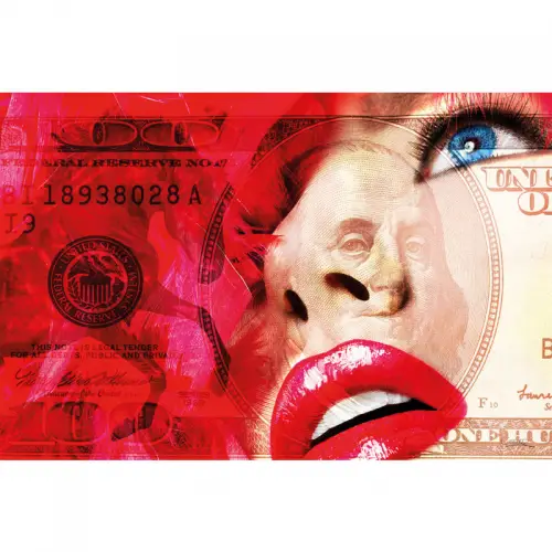 Uniek en handgemaakt  Rode Lippen + Geld 80x120x2cm