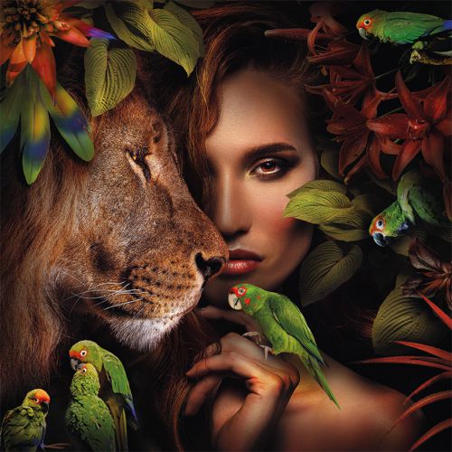 By Kohler Uniek en handgemaakt  Woman with Lion and Parrots 80x80cm (200240)